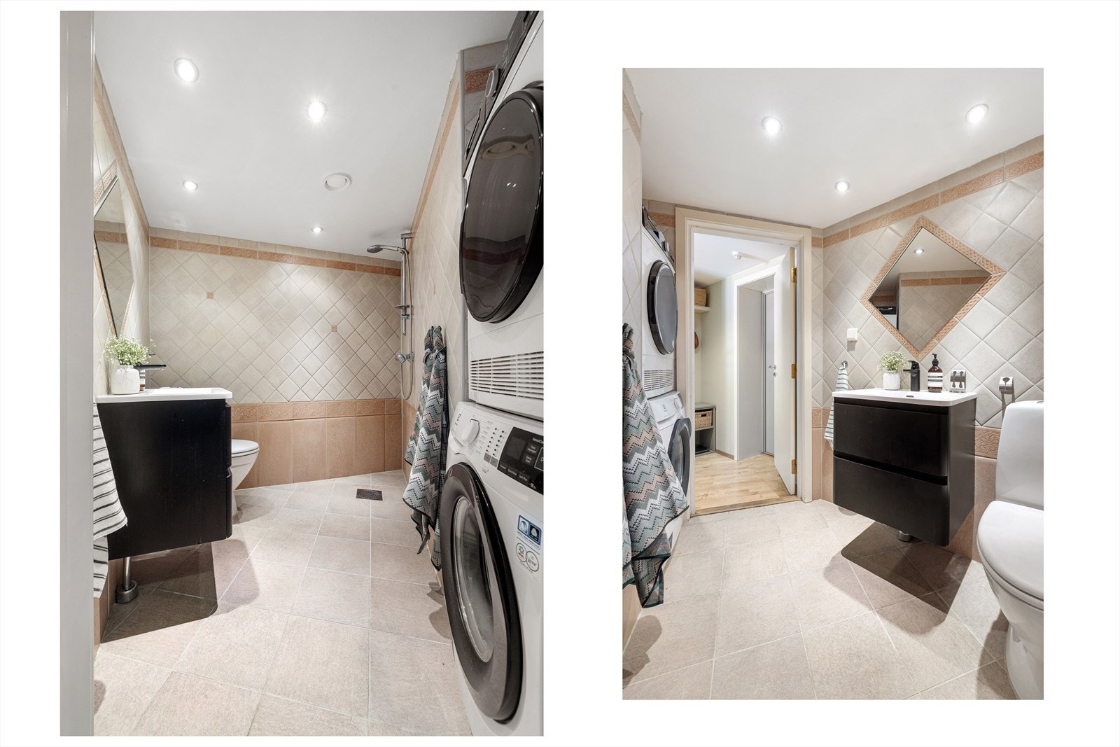 Stort, flislagt bad fra byggeår med gulvvarme og downlights i himling. Badet er utstyrt med dusjhjørne, gulvmontert toalett og baderomsinnredning med skuffer og overmontert servant med blandebatteri fra Grohe. Det er opplegg for vaskemaskin. Galleribilde