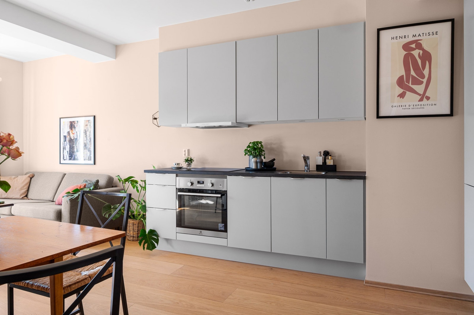 Alle integrerte hvitevarer følger med, som inkluderer platetopp, stekeovn, oppvaskmaskin og kjøl-/fryseskap. Avtrekk via balansert anlegg over platetopp. Galleribilde