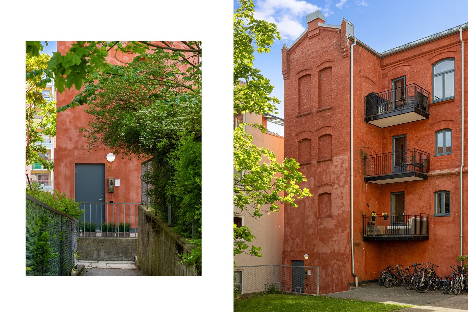 Frodig beplantning rundt bygningen, i kontrast mot byggets flotte farge Galleribilde