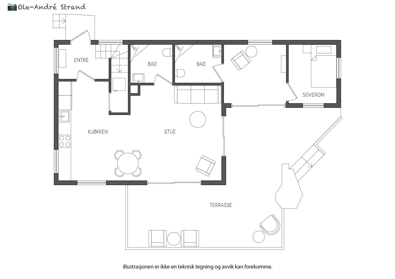 Plantegning hovedetasje og anneks. Det presiseres at soverommet ikke er søkt om eller godkjent. Galleribilde