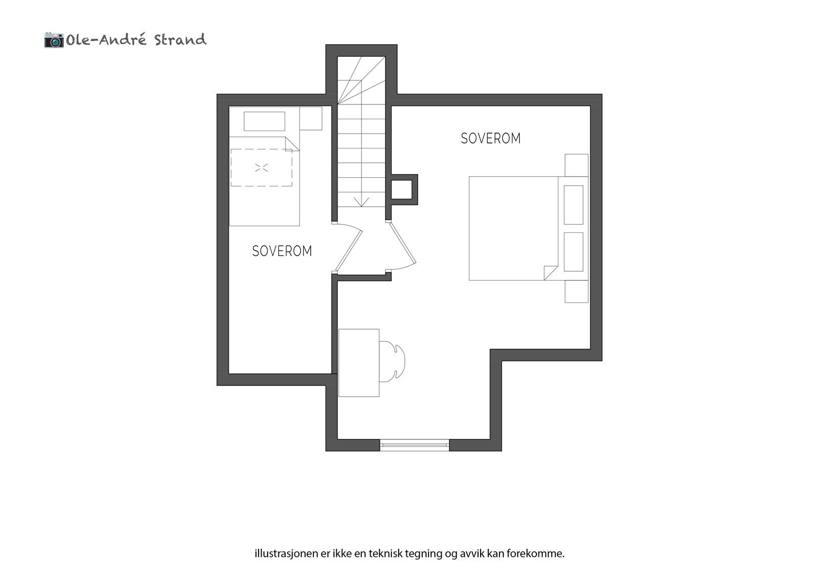 Plantegning loft. Det presiseres igjen at det minste rommet ikke er et godkjent soverom. Galleribilde