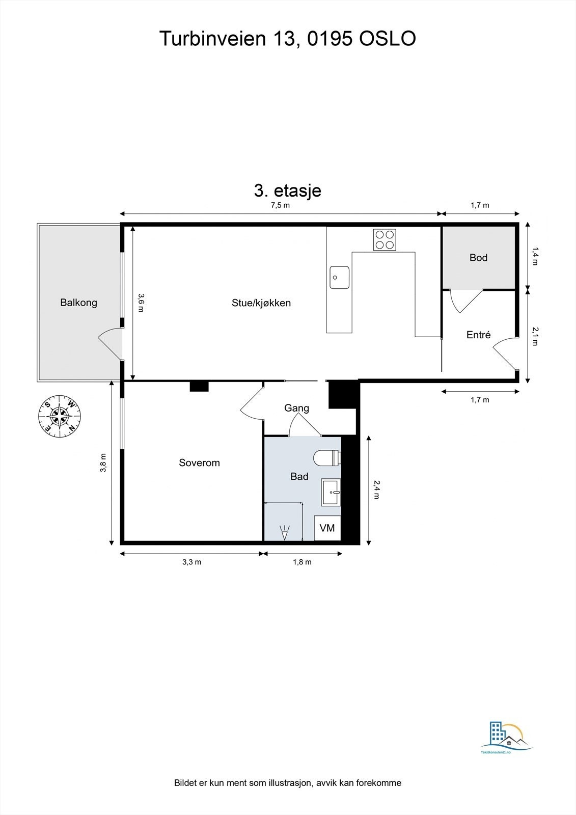 Plantegning. Leiligheten ligger i byggets 3.etasje. Galleribilde