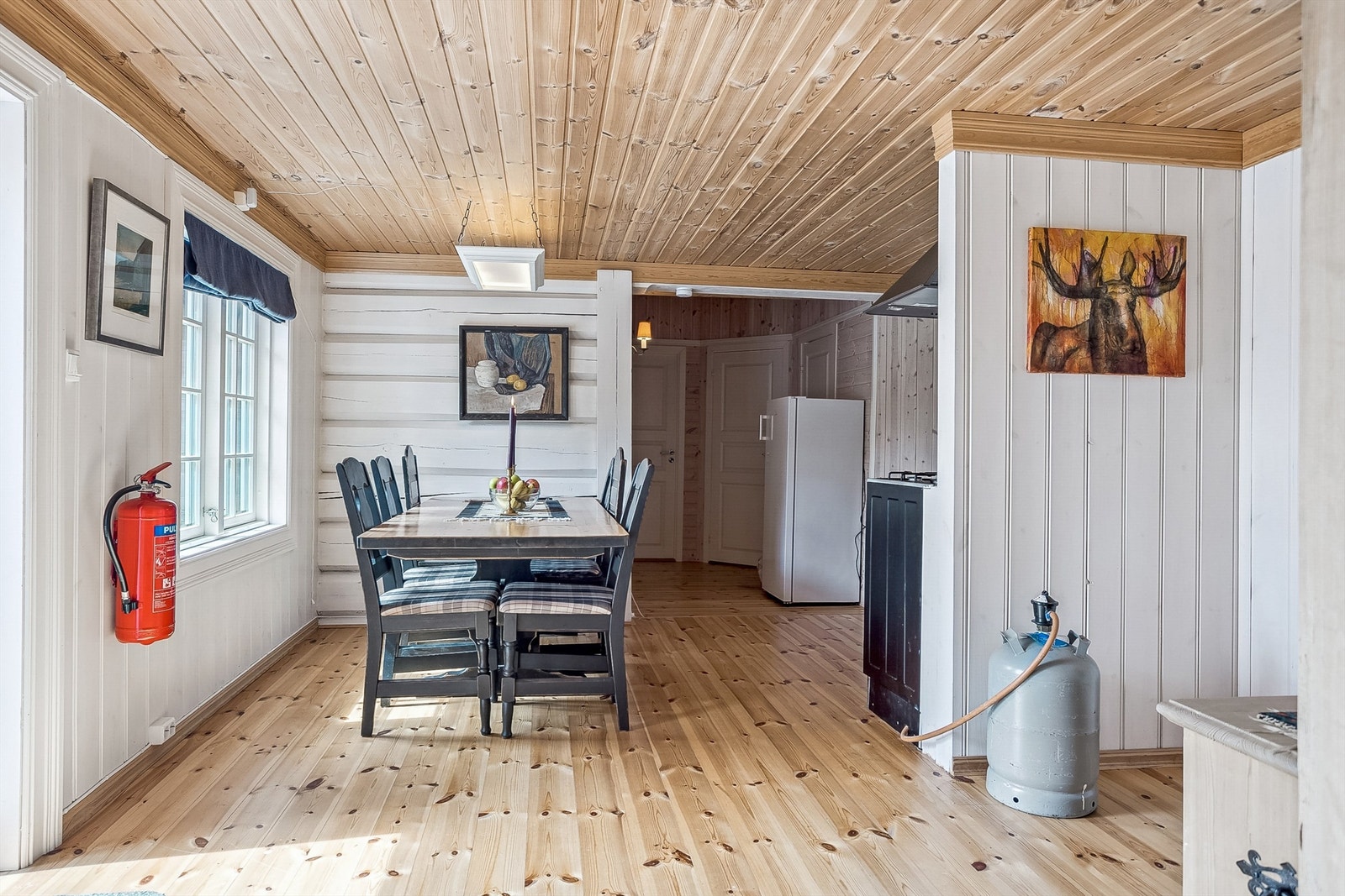 Herfra er det en terrassedør rett frem som gir deg adkomst ut på andre siden av fritidsboligen. Dels åpen løsning fra hallen/kjøkkenet inn til stua Galleribilde