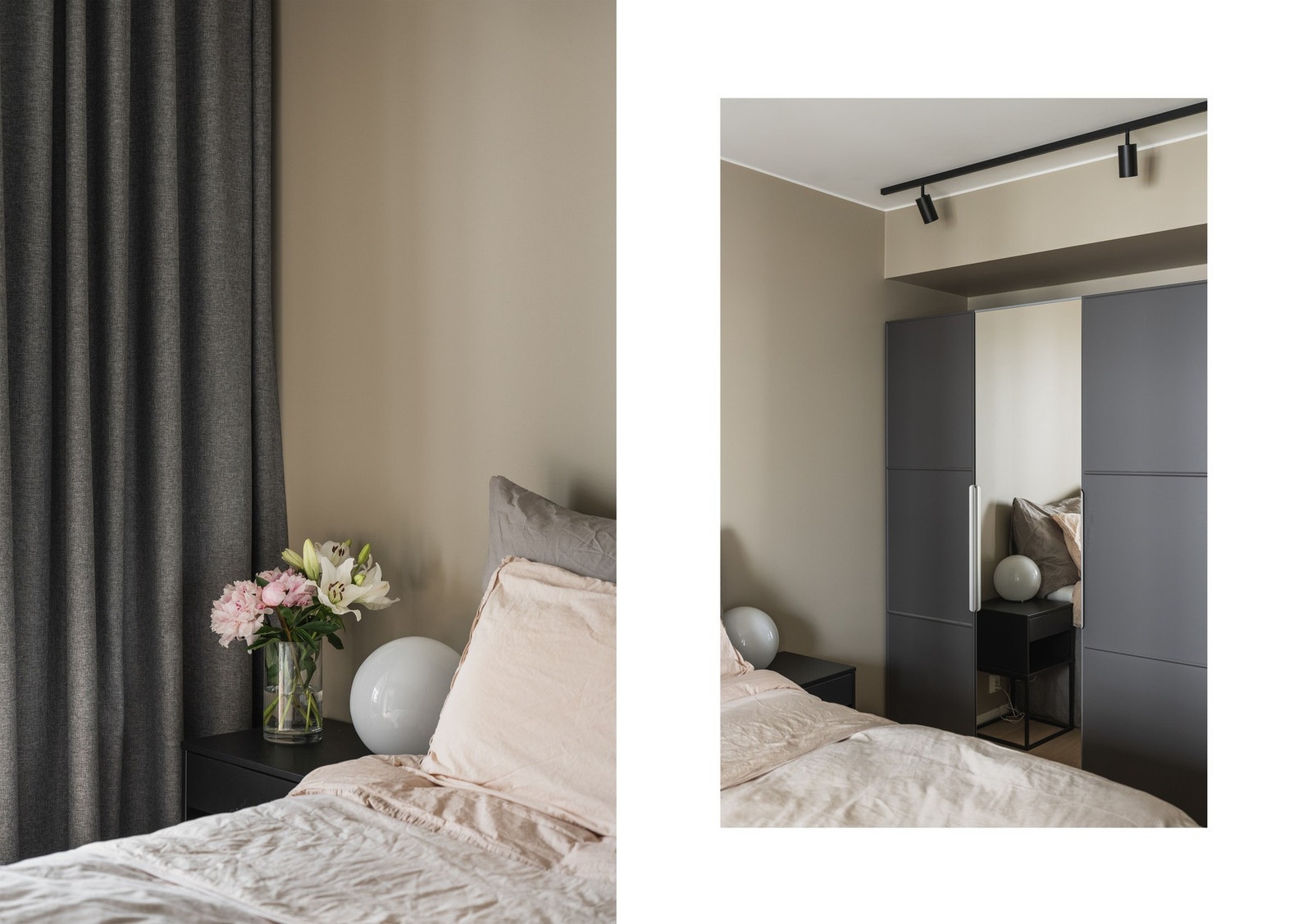 Som i resten av leiligheten, er det etablert eksklusive detaljer på soverommet, med formsydde gardiner og elegant takbelysning. Galleribilde