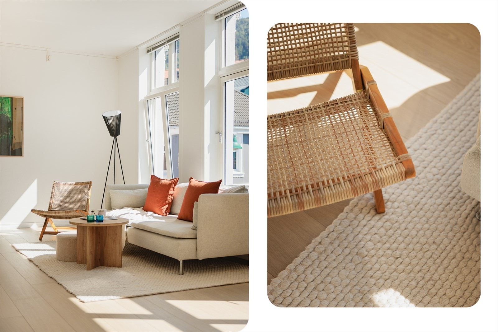 Vi beveger oss inn i en åpen stue- og kjøkkenløsning målt til hele 28 m² Galleribilde