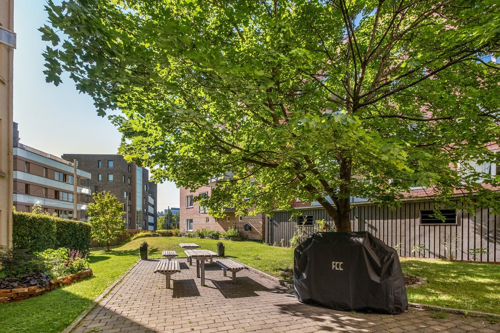 Sameiet disponerer en meget koselig bakgård med sittegrupper, grill blomster og ulike bærbusker Galleribilde