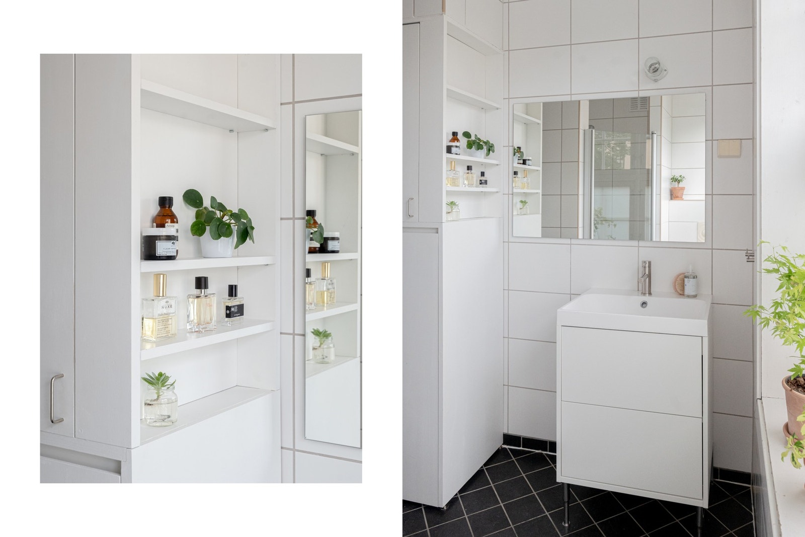 Plassbygget skap med praktiske hyller. Ny baderomsinnredning montert i 2025. Galleribilde