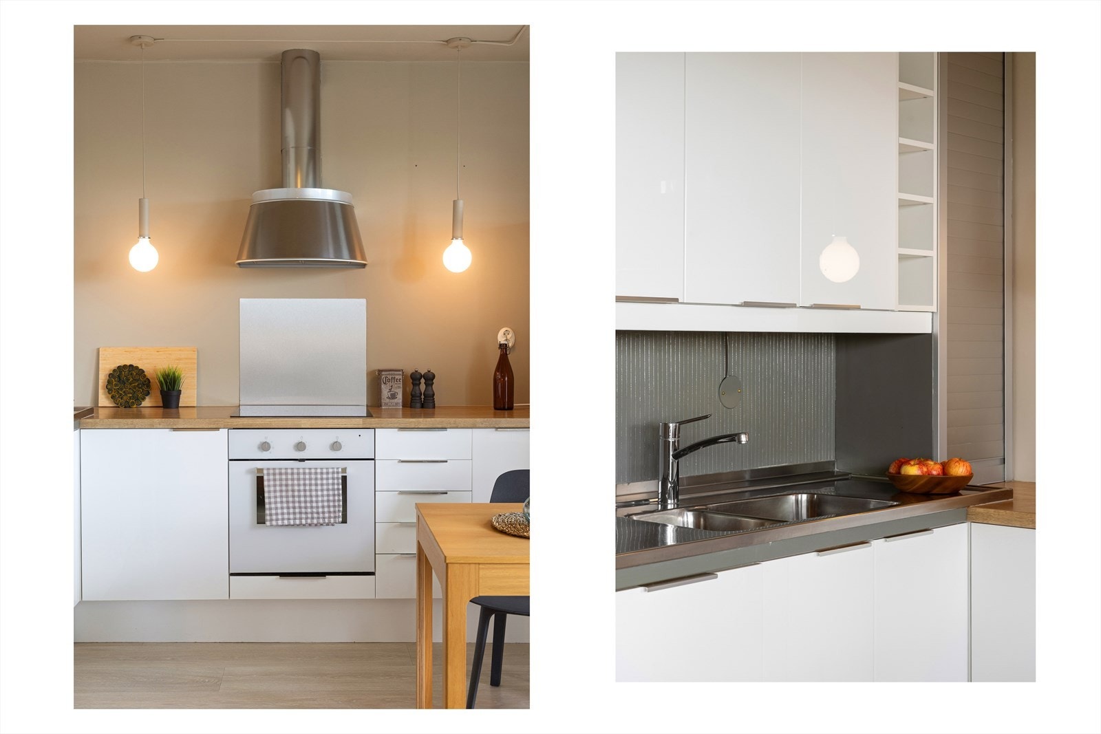 Kjøkkenet er utstyrt med integrert koketopp, kjøkkenventilator i stål, komfyr og frittstående kjøl-/fryseskap. Galleribilde