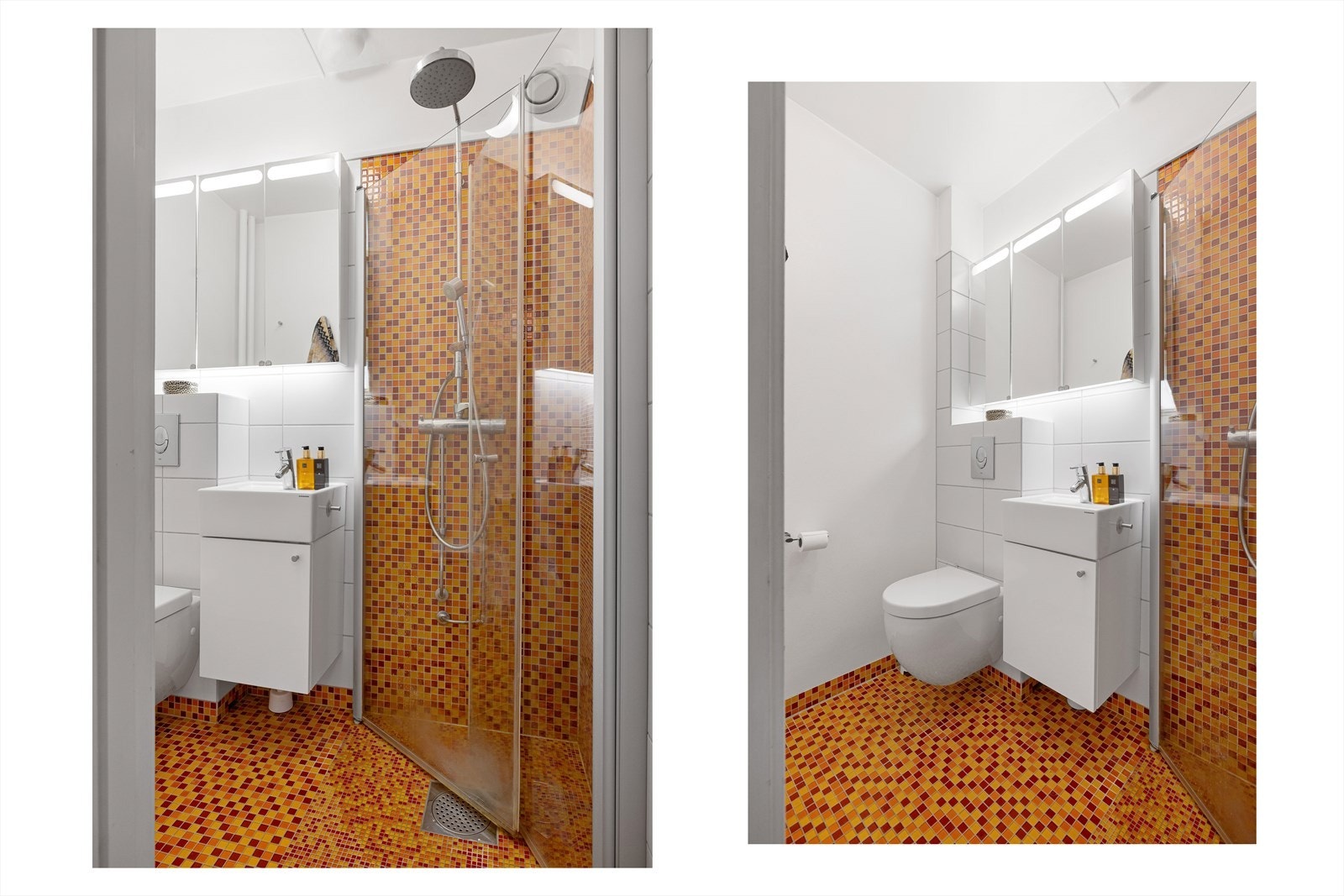 Flislagt bad fra 2009 med elektrisk gulvvarme. Badet inneholder dusjhjørne med innfellbare dører i glass, vegghengt toalett og baderomsinnredning med skap, servant med ett-greps blandebatteri, speil på vegg og belysning. Galleribilde