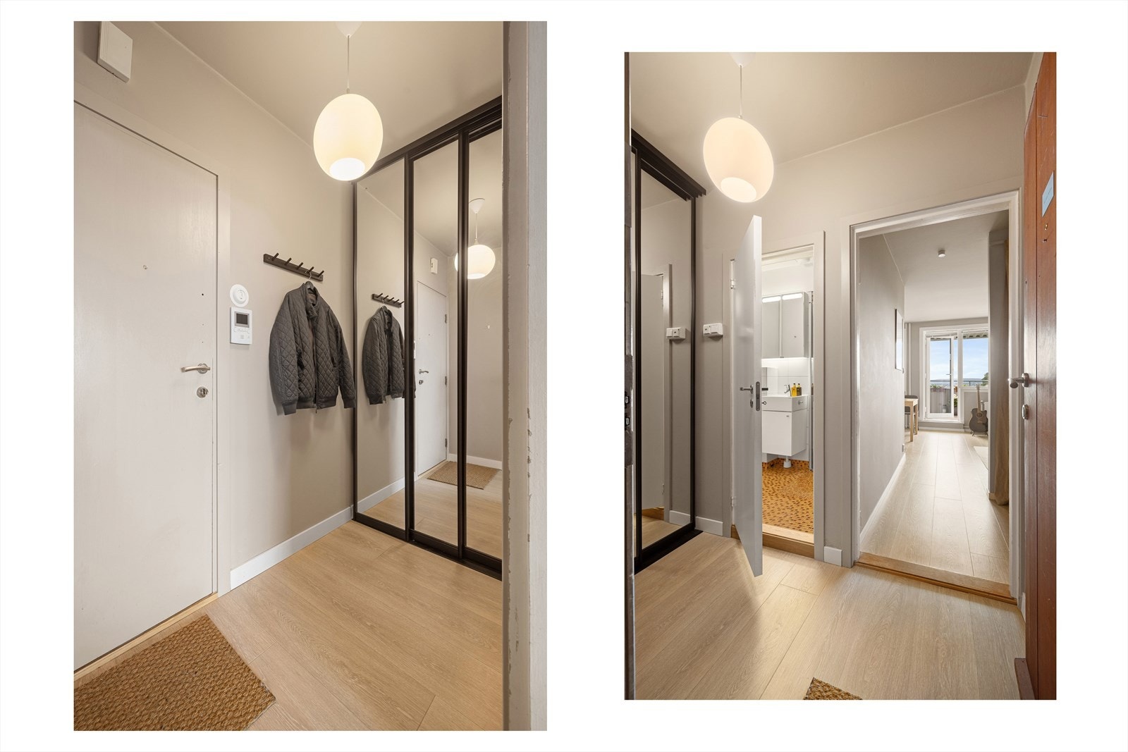 Entréen har en romslig skyvedørsgarderobe som byr på god oppbevaringsplass til yttertøy. Velkommen inn! Galleribilde