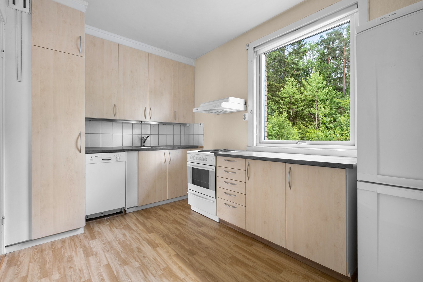 Hvitevarer består av komfyr, oppvaskmaskin og frittstående kjøle- og fryseskap. Det er ventilator med kullfilter over koketoppen. Galleribilde