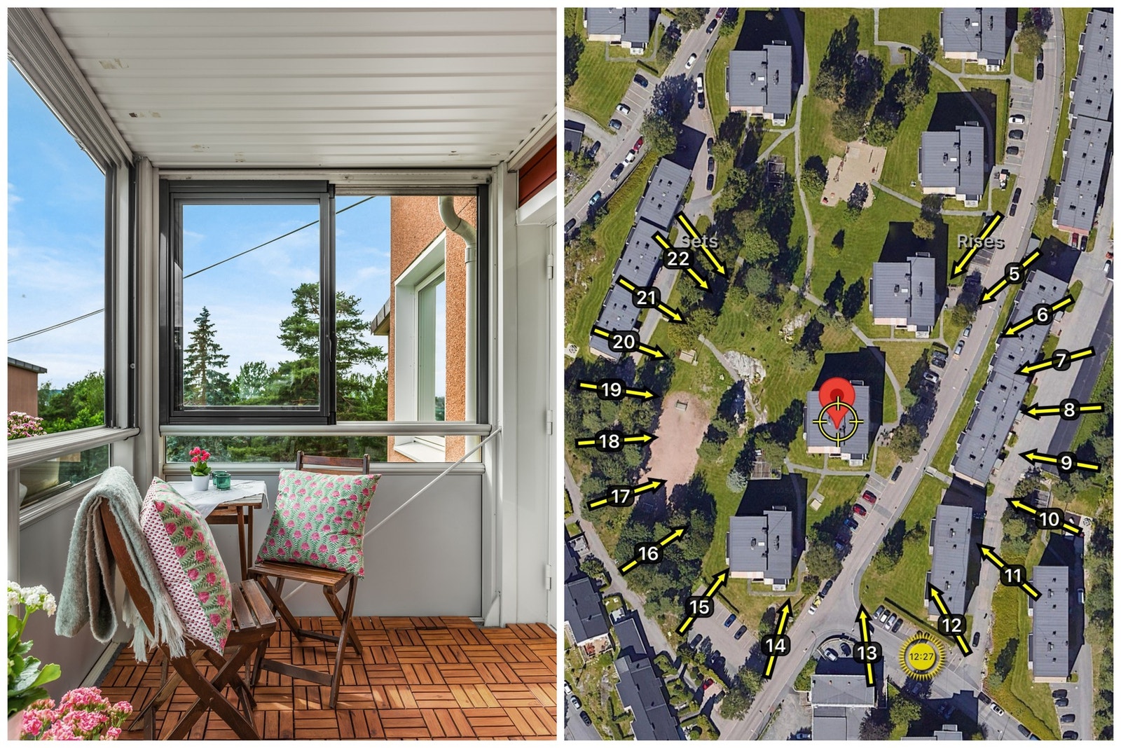 Balkongen er lun og sydvendt med gode solforhold, og har innglassing som kan skyves til side på varme dager Galleribilde