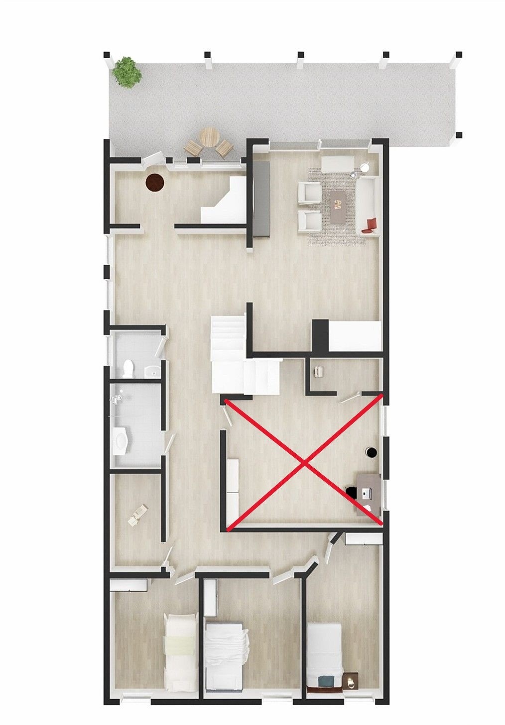 1 etg. Ett rom=rødt kryss= er avlåst for utleie. Dette er gammel plantegning, det er 2 soverom her. Galleribilde