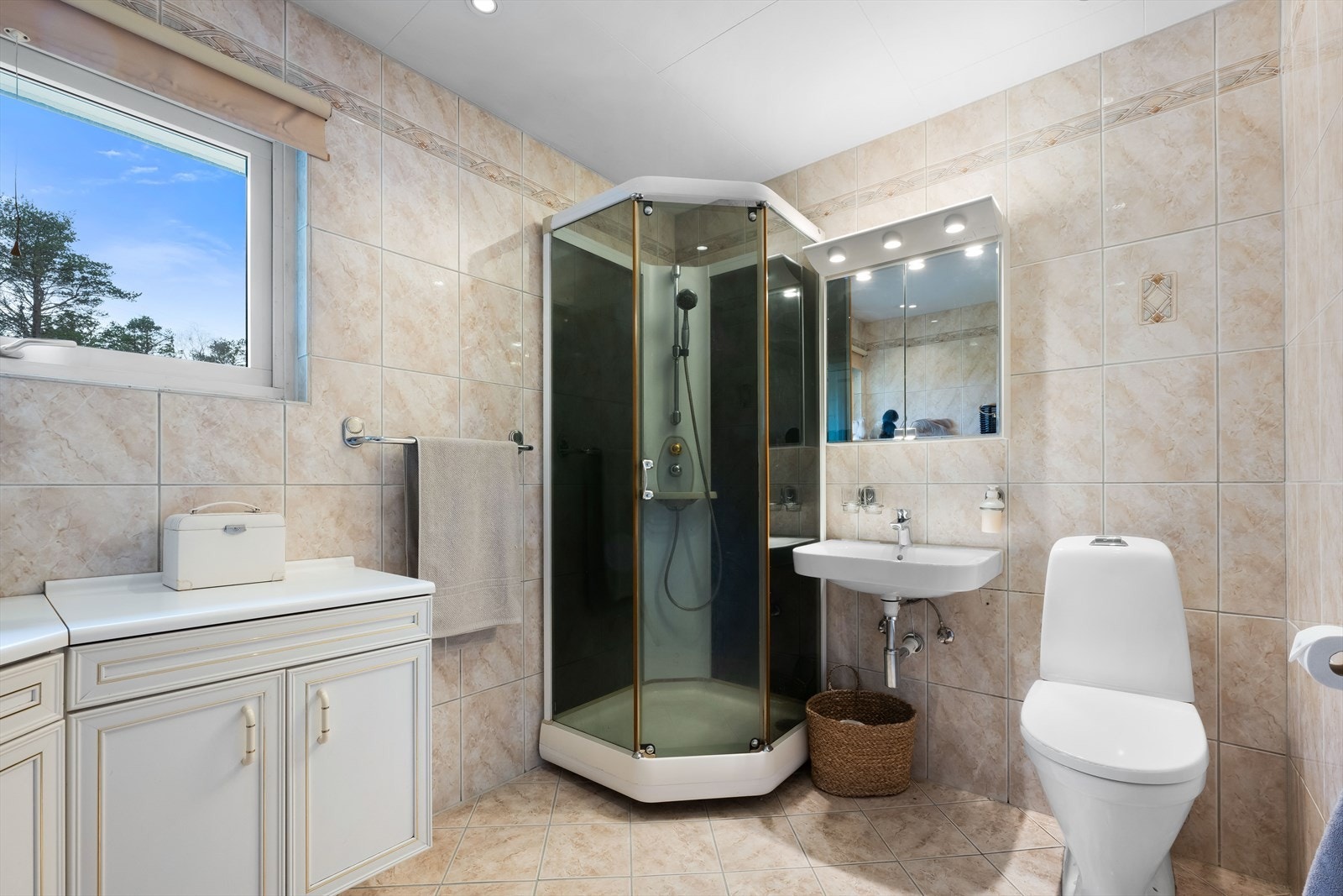 Badet er utstyrt med dusjkabinett, toalett og servant. Galleribilde