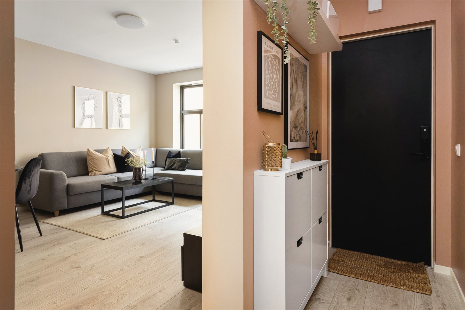 Fra inngangsdøren kommer man inn i entré/gang på 3,3 kvm, med lagringsløsninger i kommoder og knagger for å henge fra seg yttertøy. Galleribilde