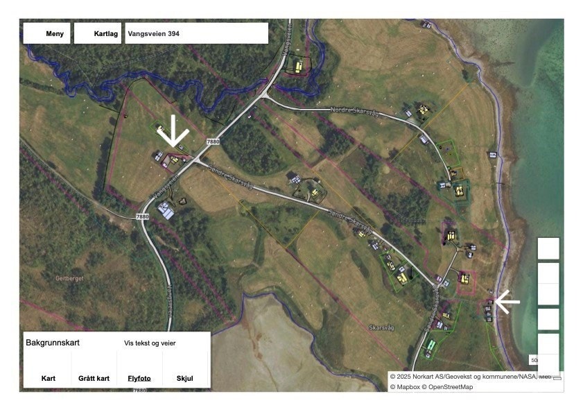 Kartutsnitt som viser naustets beliggenhet i forhold til eiendommen Galleribilde