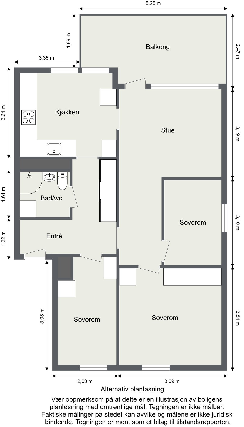 Alternativ planløsning med 3 soverom Galleribilde