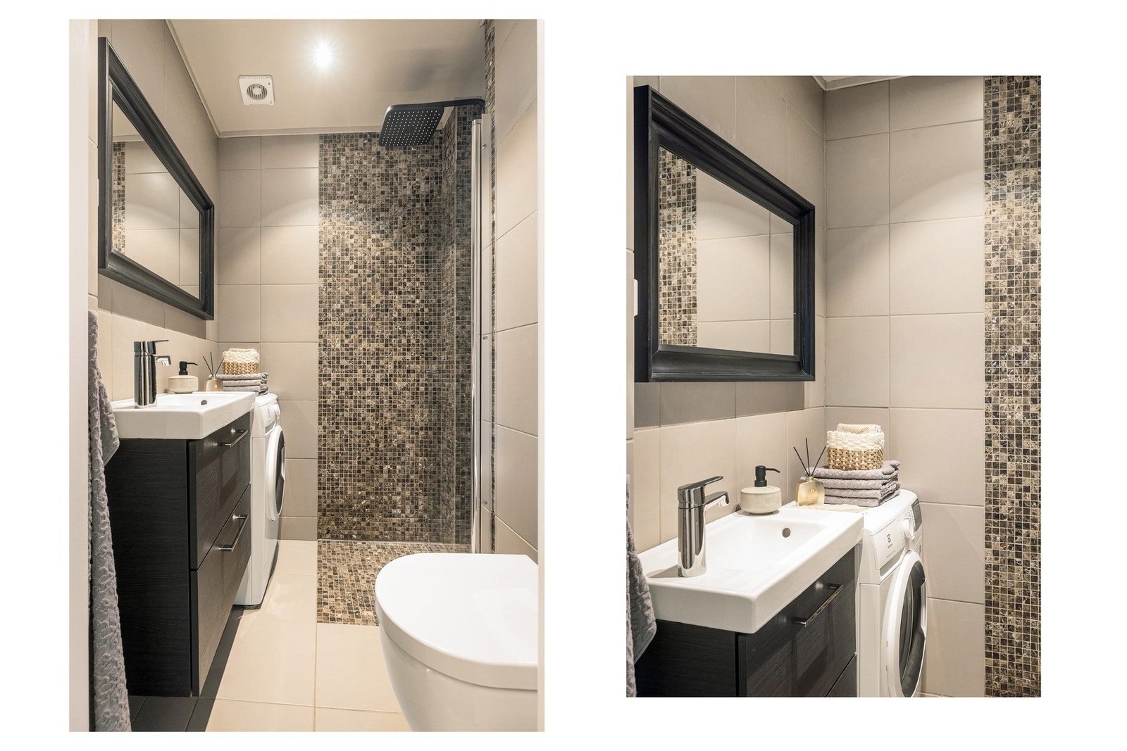 Badet utstyrt med veggmontert toalett, dusjhjørne med innfellbare glassdører, samt opplegg for vaskemaskin. Galleribilde