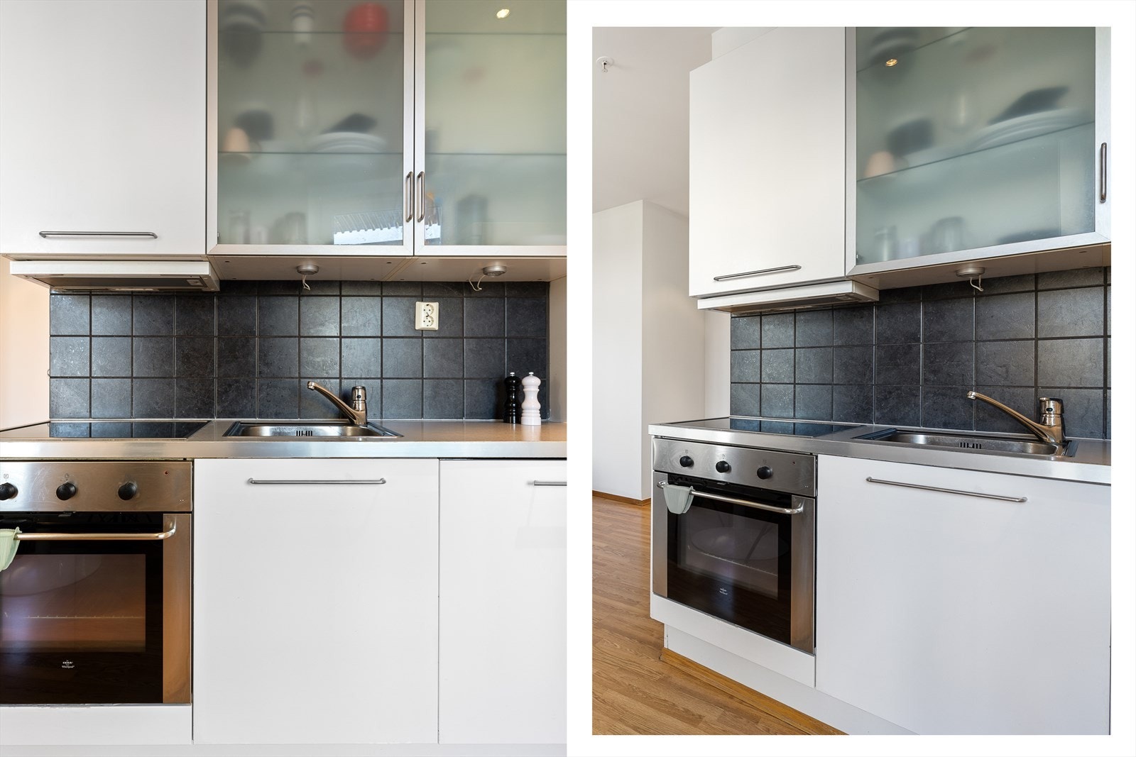 Flott kjøkken med glatte hvite fronter, laminat benkeplate, to dører med glassfelt, integrert stekeovn, platetopp og oppvaskmaskin. Galleribilde