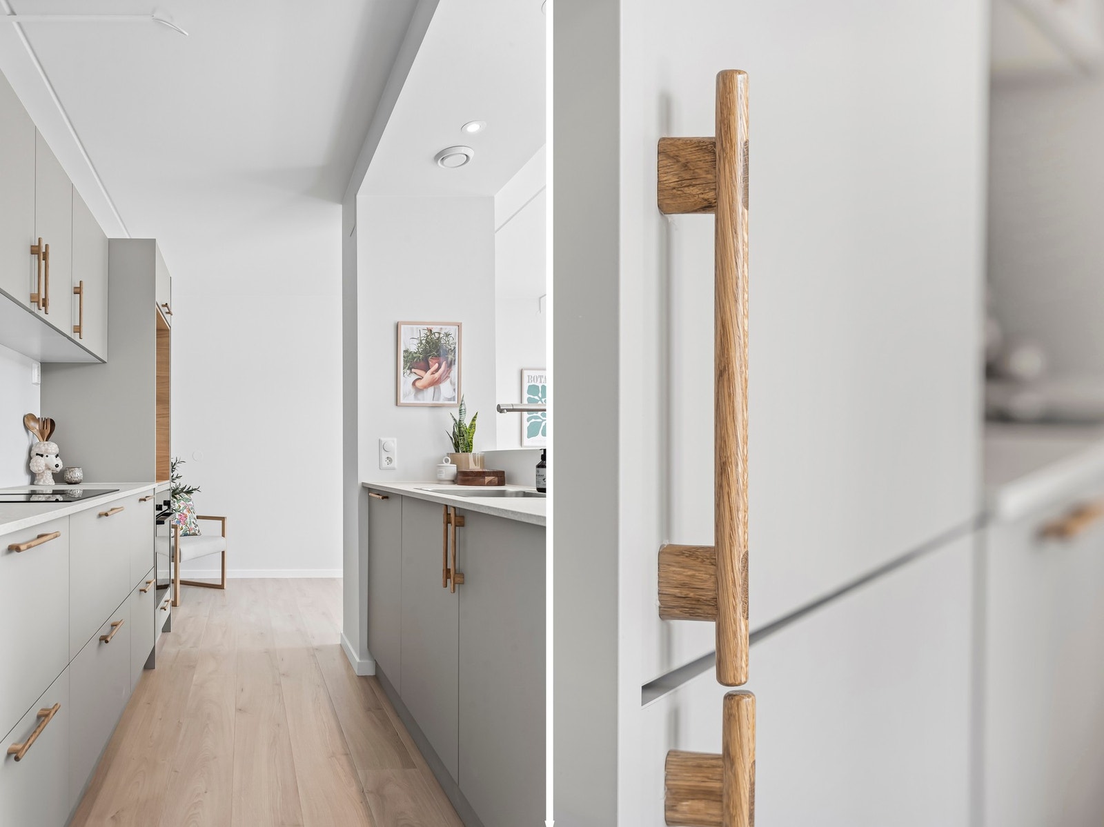 Trehåndtak gir en varm kontrast til de glatte, grå frontene - alle med dempefunksjon. Galleribilde