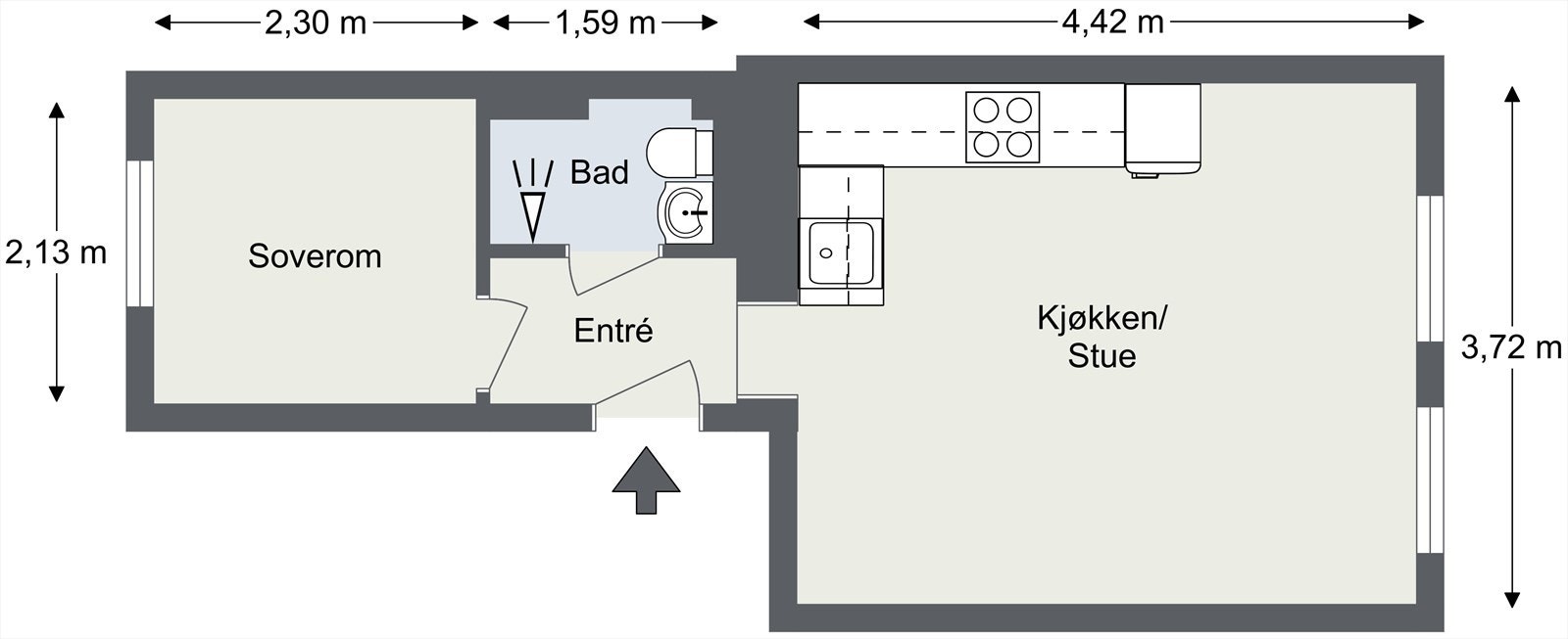 Plantegning. I tillegg disponerer leiligheten to boder - én på loft og én i kjeller. Galleribilde