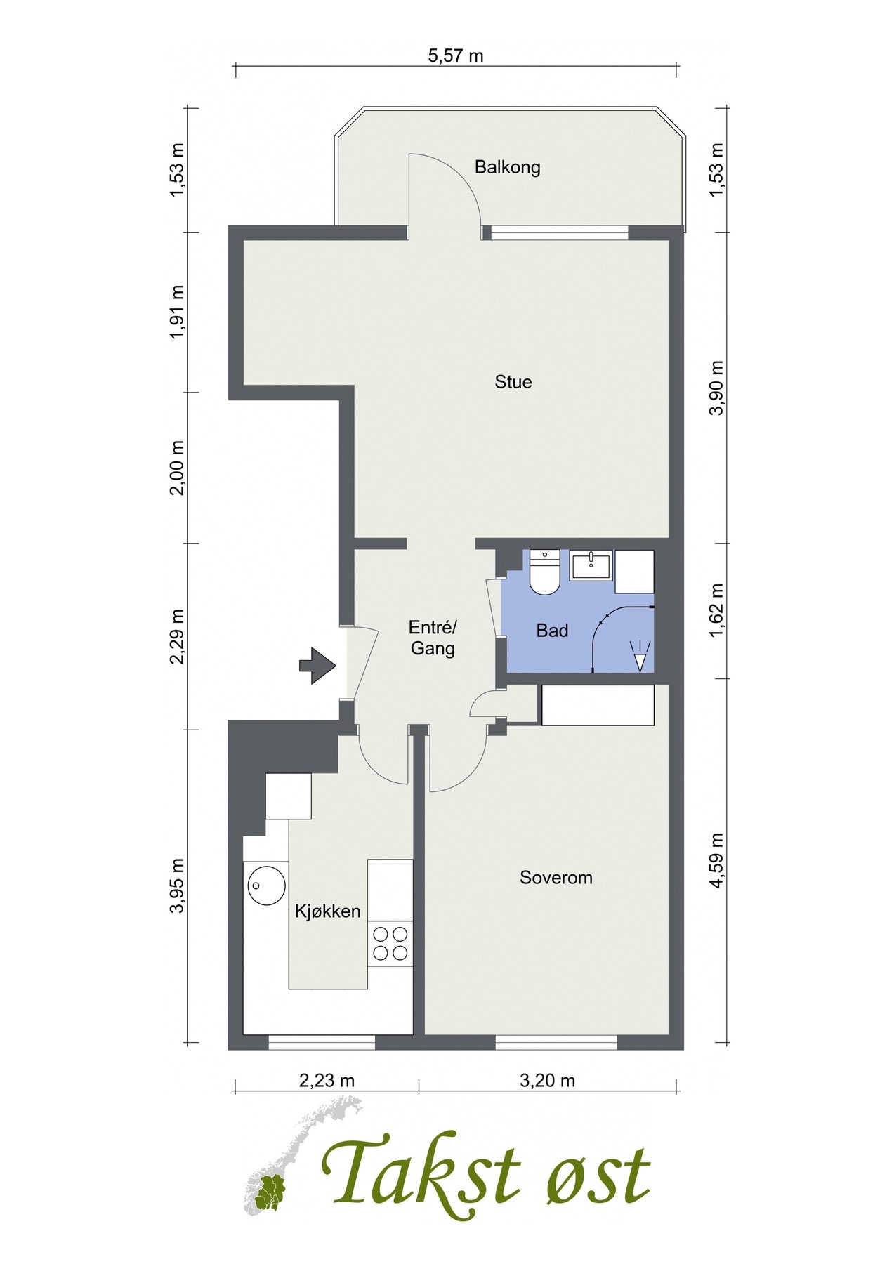 Plantegning. I tillegg disponerer boligen en kjellerbod på 4,4 kvm og en loftbod med gulvareal på 9,5 kvm. Galleribilde