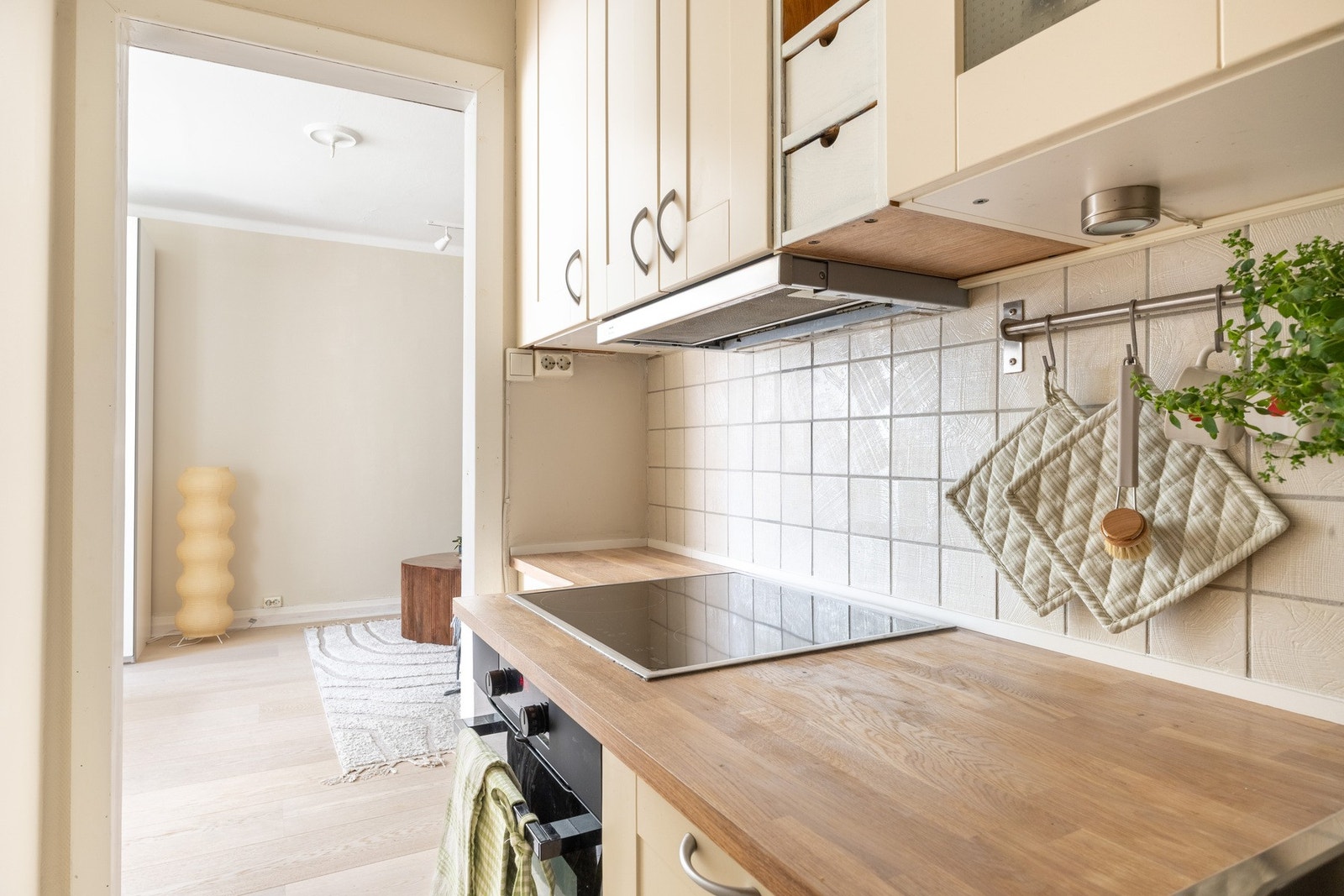 Det er en fin kombinasjon av skap- og benkeplass for både oppbevaring og matlaging. Galleribilde