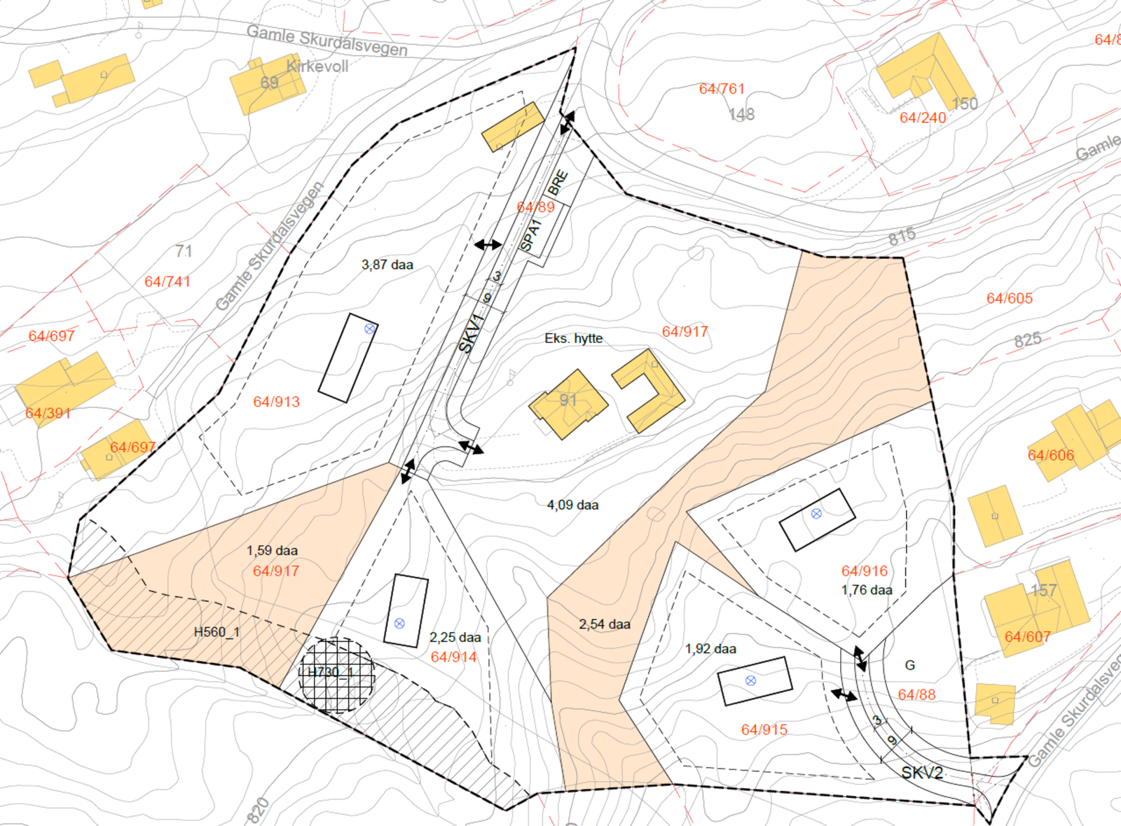 Kart over tomtegrense - slik tomten (64/916) vil se ut etter planlagt fradeling. Galleribilde