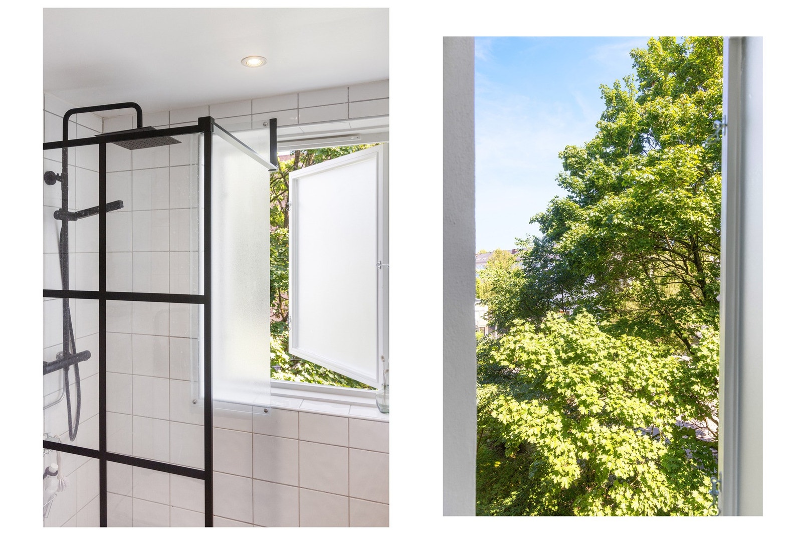 Et stort vindu i dusjsonen slipper inn naturlig lys og gir rommet en lys og luftig atmosfære. Galleribilde