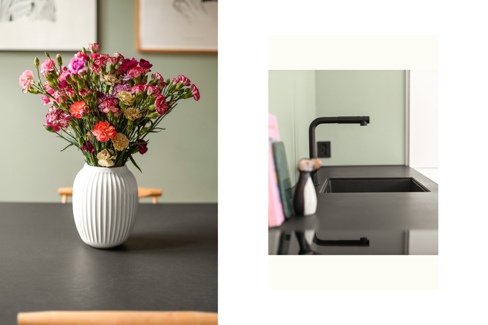 Benkeplate i kompaktlaminat, underlimt vask, blandebatteri fra Tapwell og svært gjennomført finish. Galleribilde