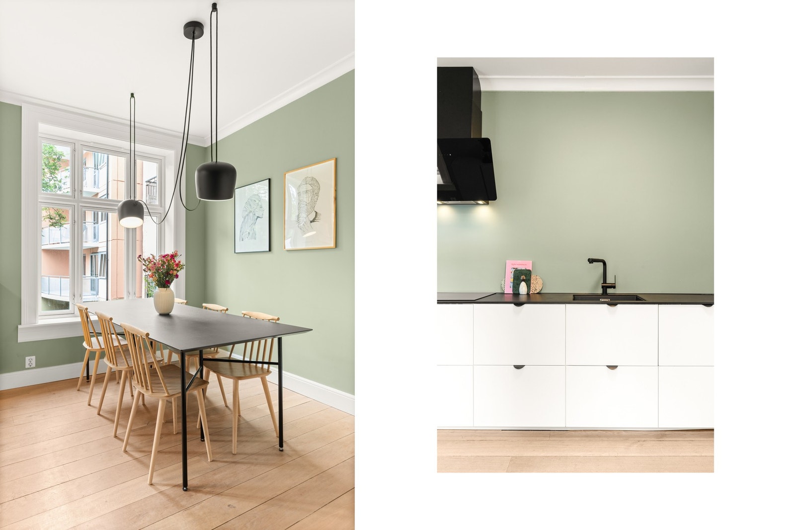 Lekkert kjøkken med plass til stort spisebord. Galleribilde