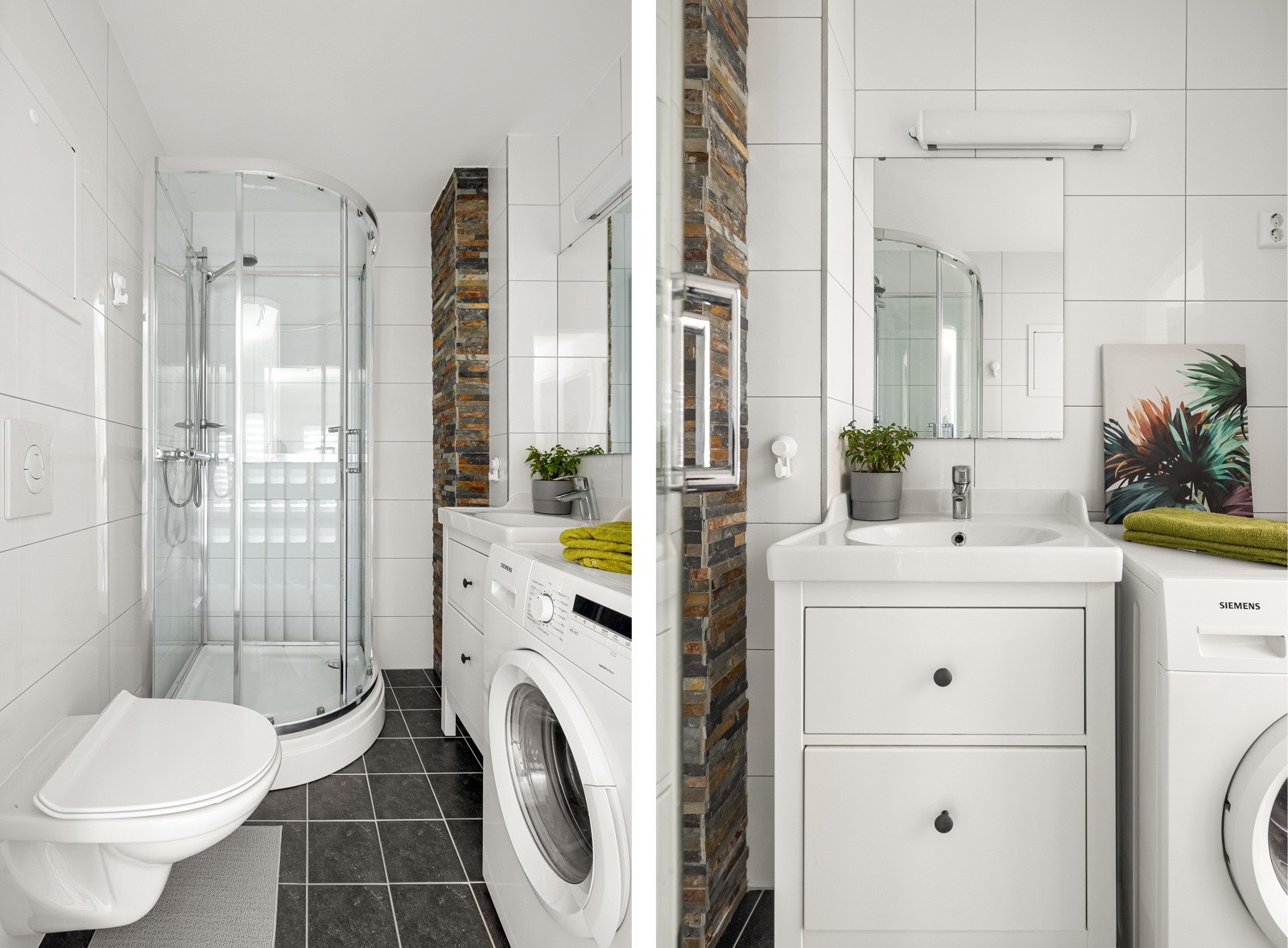 Innredet med dusjkabinett, vegghengt toalett samt opplegg for vaskemaskin og baderomsinnredning. Galleribilde