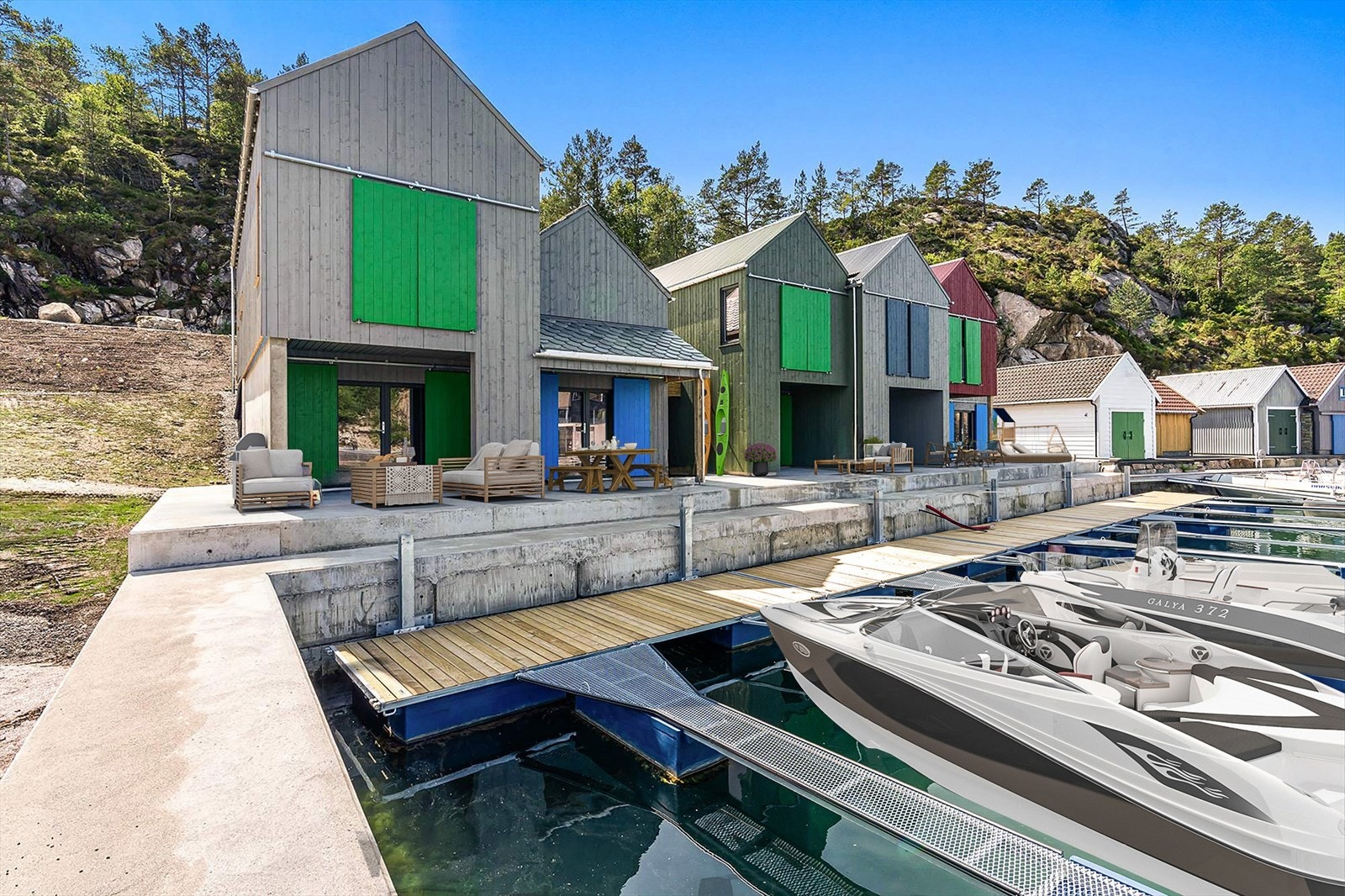 7 halvparter av naust + 2 hele naust tilsalgs inkl. flott bryggeanlegg (3D illustrert møblering) Galleribilde