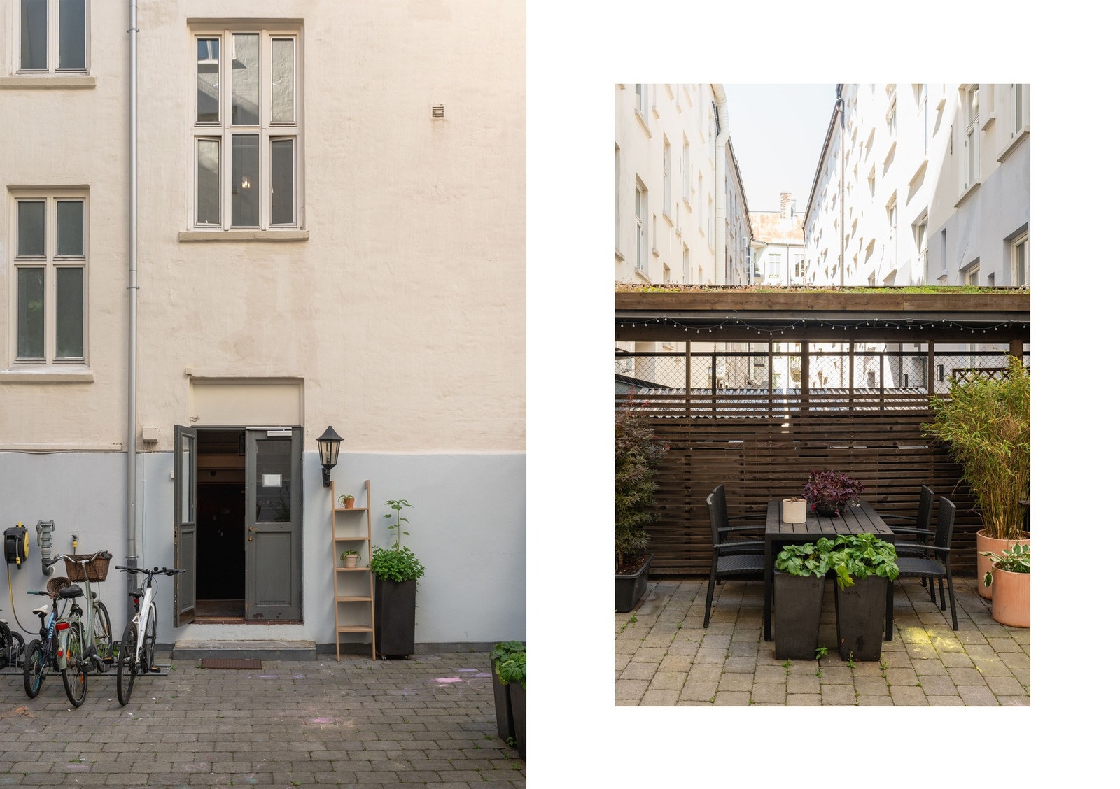 Det er etablert sittegruppe for beboerne.Videre er det sykkelparkering i bakgård. Galleribilde