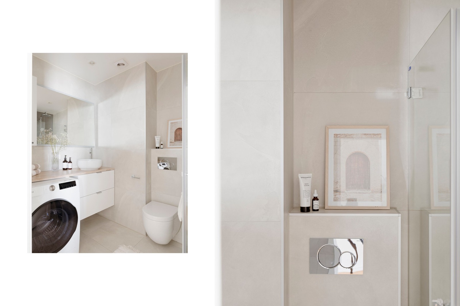 Baderommet er utstyrt med varmekabler, LED-downlights og opplegg for vaskemaskin. Galleribilde
