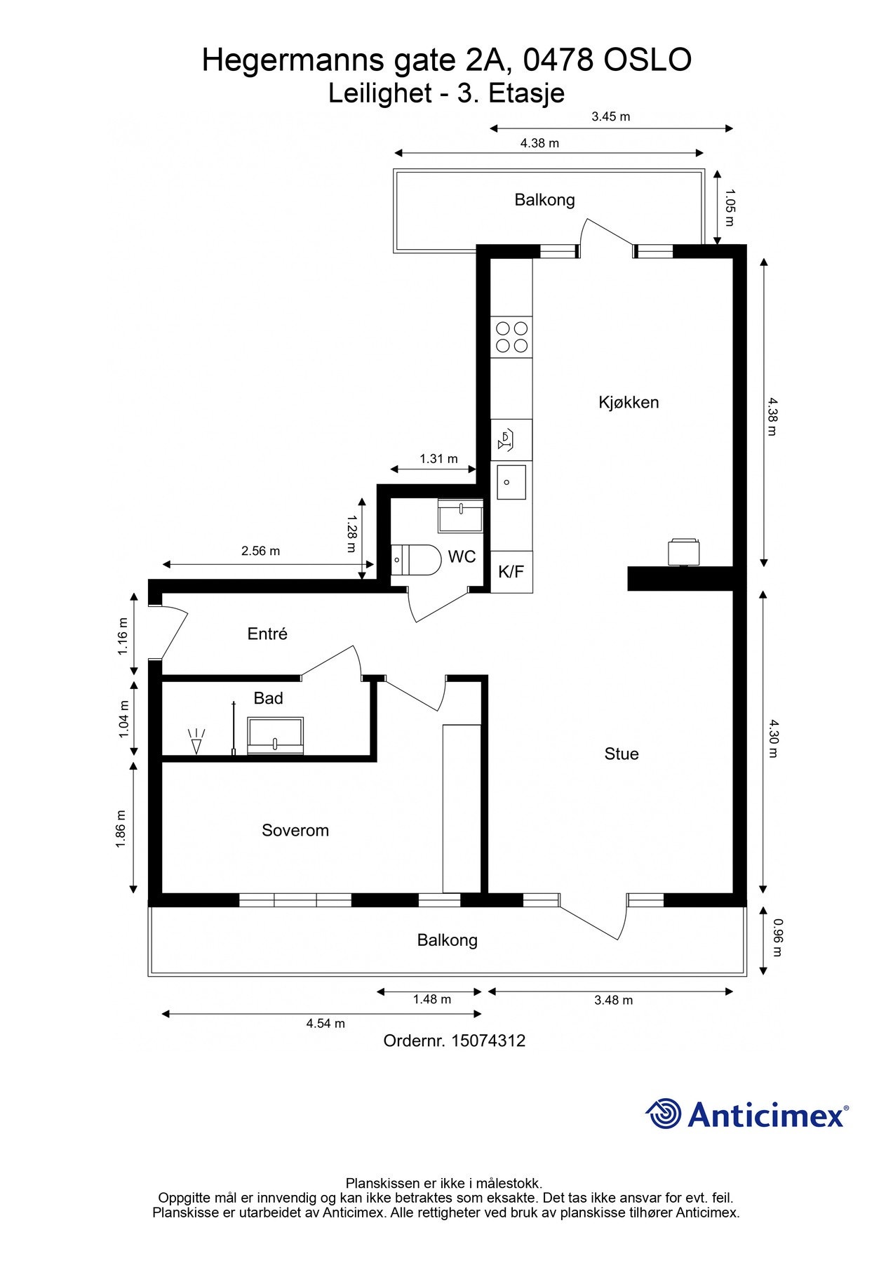 Plantegning. I tillegg disponerer leiligheten en kjellerbod på 8 kvm. Galleribilde