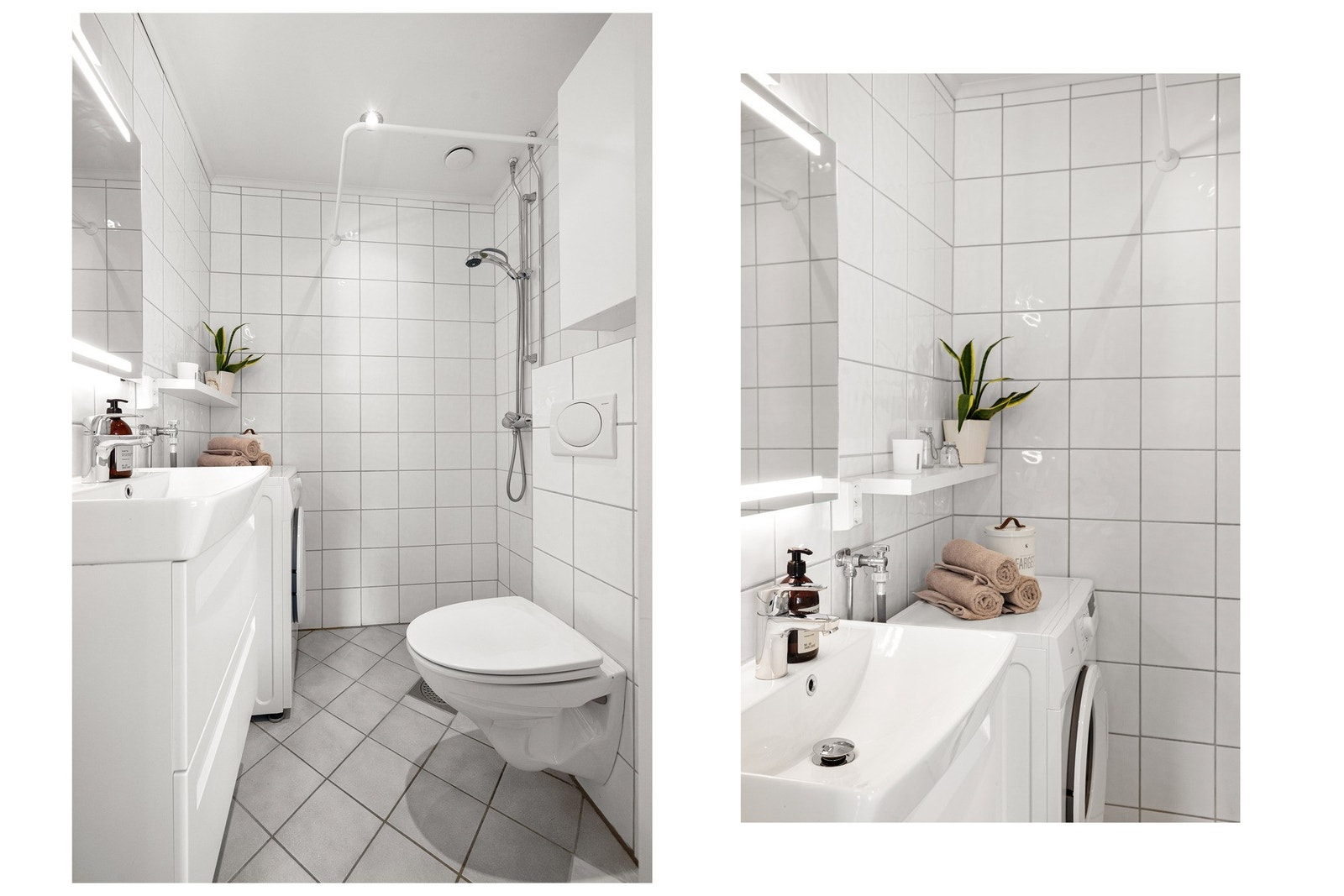 Rommet er holdt i lyse farger og er innredet med vegghengt servantskap og toalett, speil med belysning og dusjnisje med forheng. Galleribilde