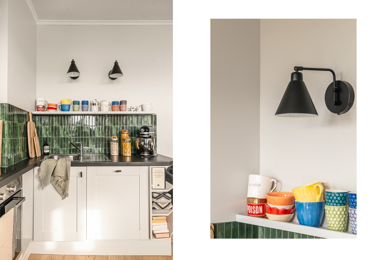 Kjøkkeninnredning (2010) fra IKEA med malte, profilerte fronter/vitrineskap, benkeplate i laminat og nedfelt stålvask med avrenningsbrett og ett-greps blandebatteri. Galleribilde