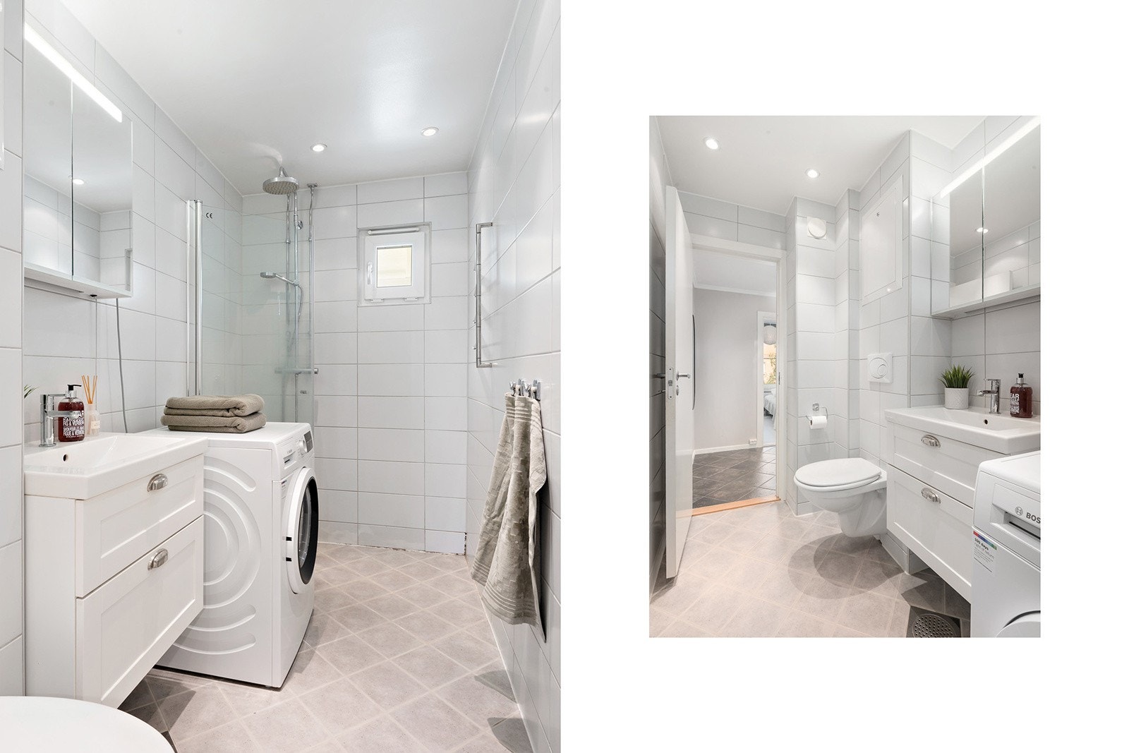 Stort flislagt bad med varmekabler i gulv, downlights i himling og vindu for lufting. Badet ble rehabilitert i regi av borettslaget i 2015. Galleribilde