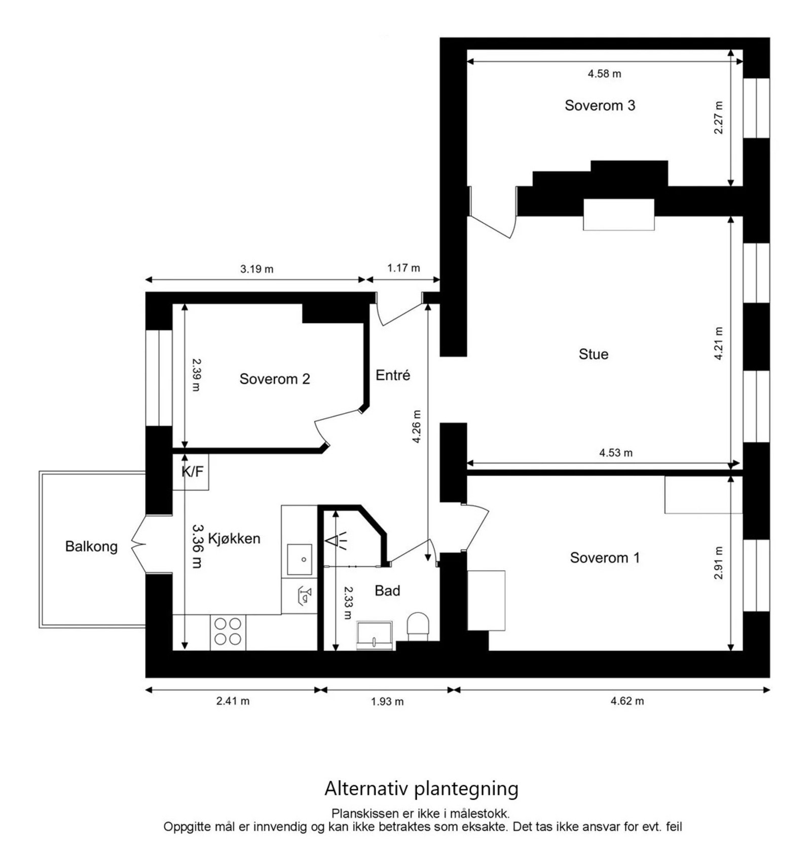Alternativ plantegning med 3 soverom. Målene er ikke eksakte. Galleribilde
