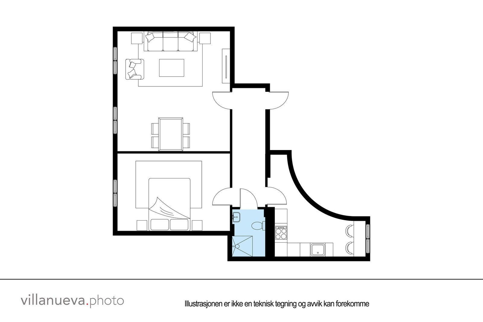 Plantegning - dagens løsning. Tegningen er ikke målbar og avvik forekommer. Galleribilde