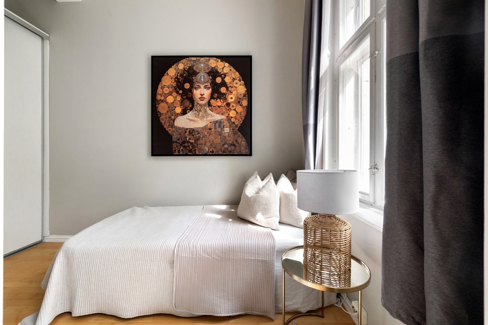 Lyst soverom med plass til seng og nattbord. Galleribilde