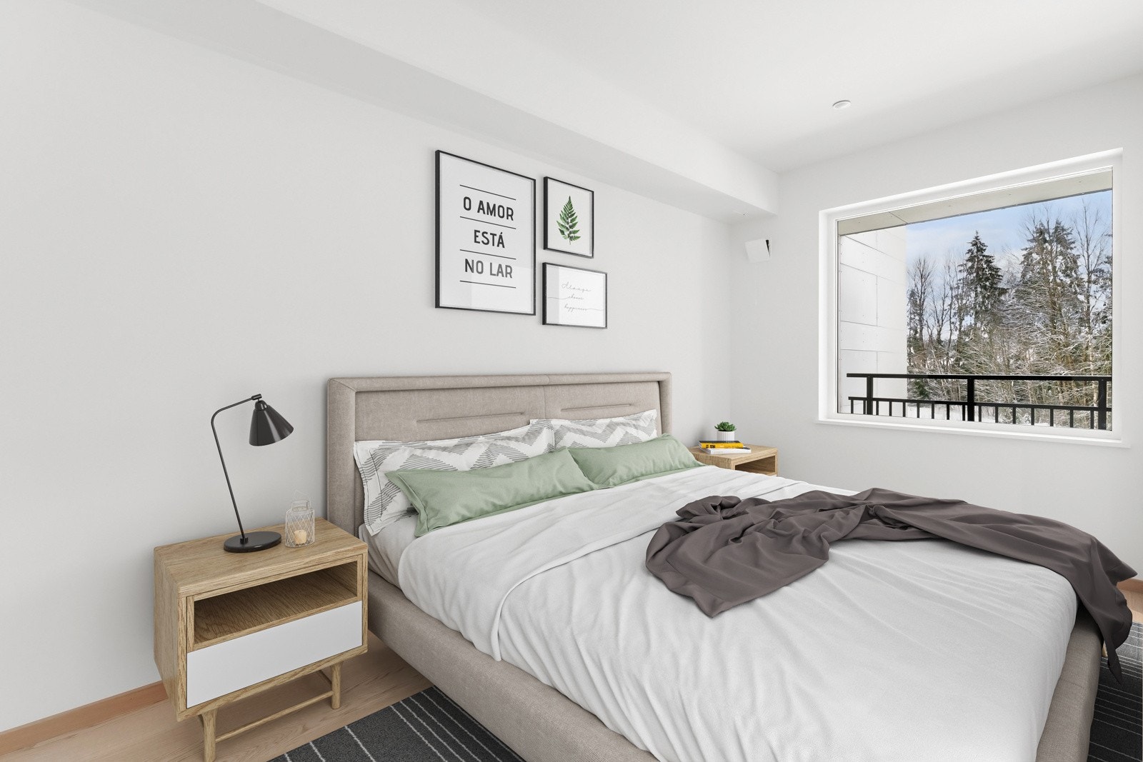 God plass til dobbeltseng med tilhørende nattbord på hver side. Bildet er digitalt stylet. Galleribilde