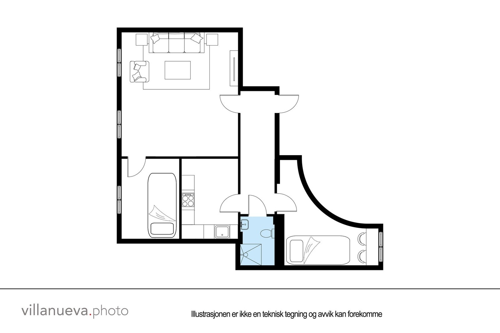 Alternativ plantegning med 2 soverom. Tegningen er ikke målbar og avvik forekommer. Galleribilde