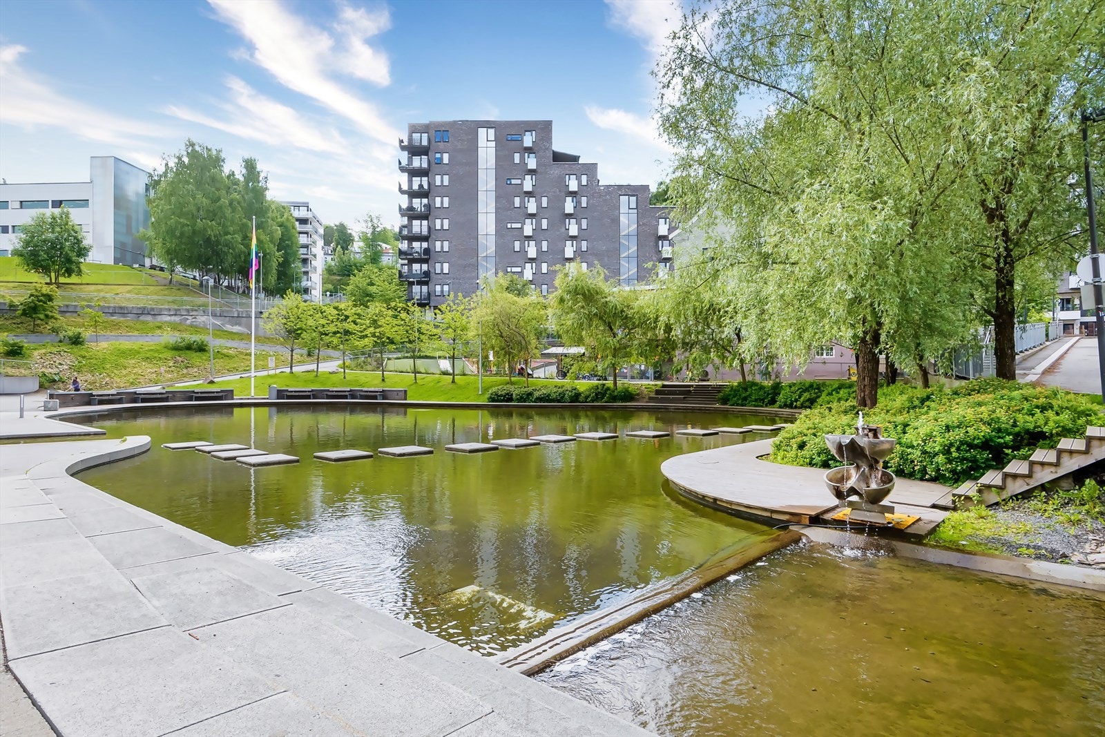 Nydelige Kværnerdammen renner gjennom Kværnerbyen - her kan man bade på sommerstid og stå på skøyter på vinteren Galleribilde