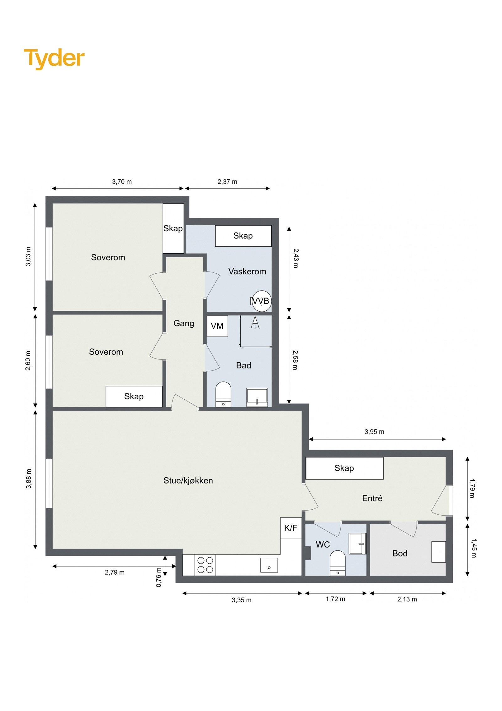 Leiligheten har en god planløsning bestående av Entré, stue/kjøkken, mellomgang, to soverom, baderom, vaskerom, gjestetoalett og bod Galleribilde
