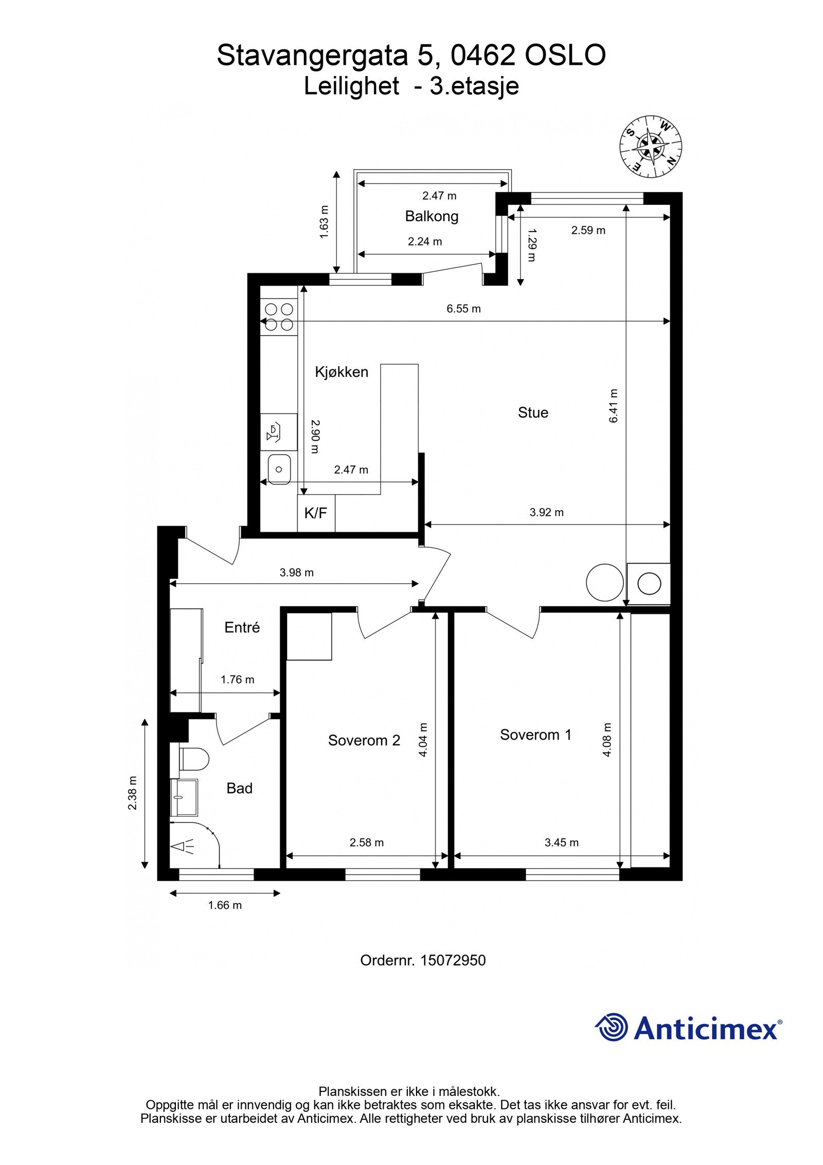 Plantegning 3. etasje. I tillegg disponerer leiligheten en loftsbod med gulvareal på ca. 16m² og en kjellerbod på ca. 6m². Galleribilde