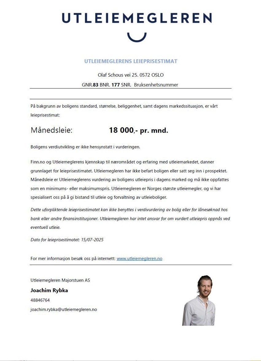 Utleiemeglerens leieprisestimat Galleribilde