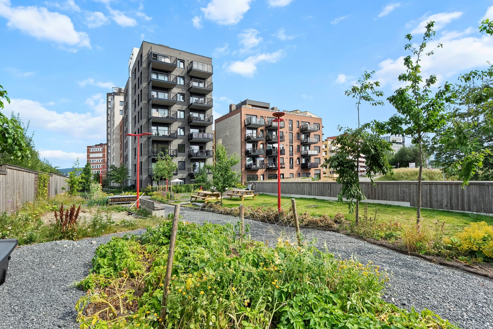 Det er flere parsellhager og sitteplasser på hjørnet samt lekeplasser, barnehage med mer i nabo borettslaget også Galleribilde