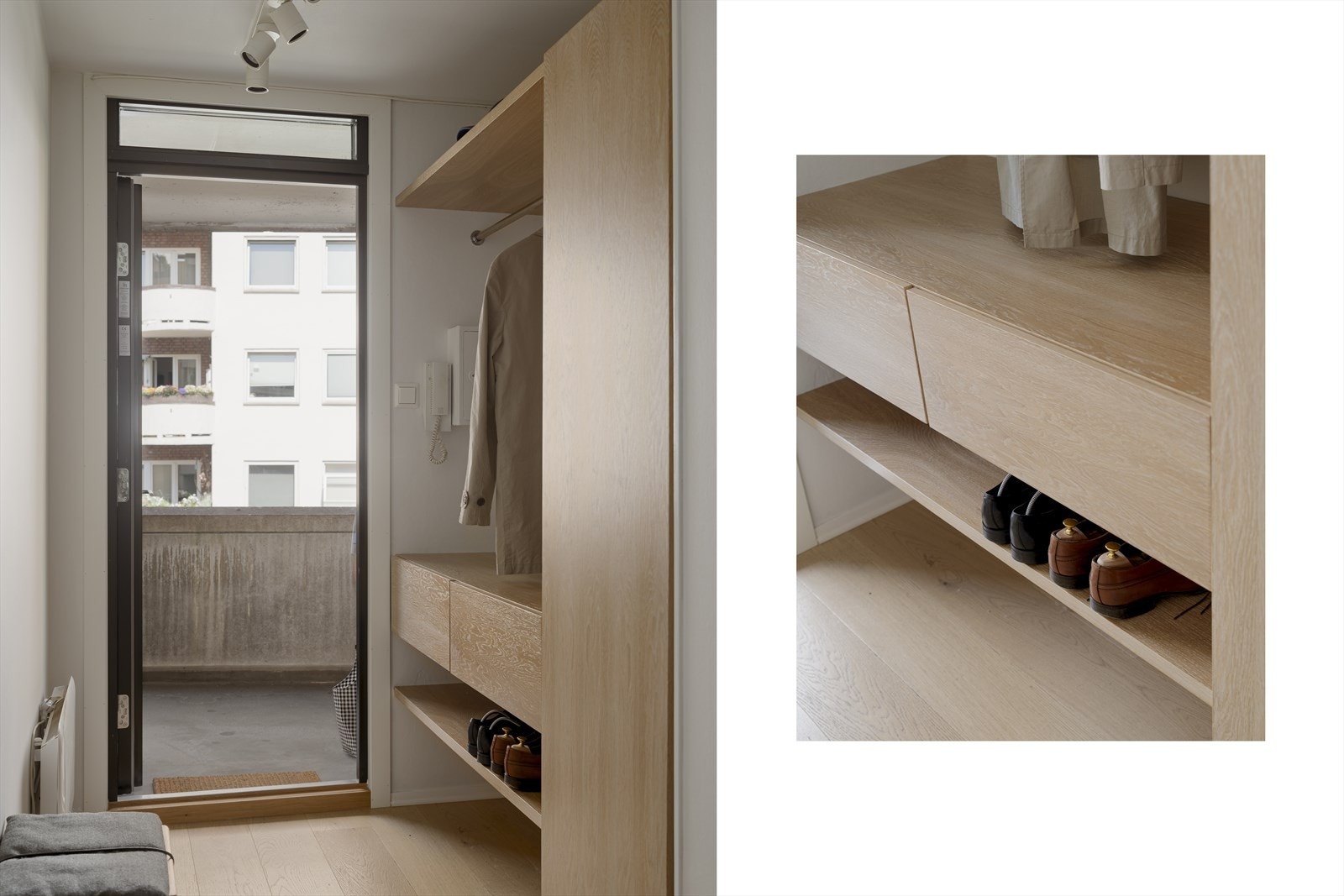 Hyggelig entré med plassbygd garderobe hvor det er god plass til å henge fra seg yttertøy og plassere sko Galleribilde